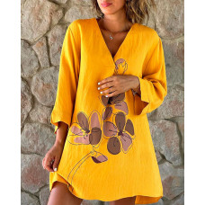 Floral Print V-Neck Casual Dress - yellow