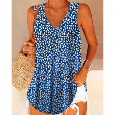 Floral Print V-Neck Casual Tank Top - blue