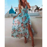 Floral Print V Neck High Slit Maxi Dress - blue