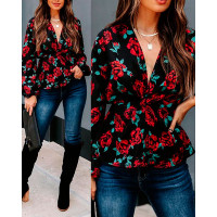 Floral Print V-Neck Long Sleeve Top - black