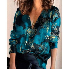 Floral Print V-Neck Long Sleeve Top - blue