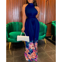 Floral Print Wide Leg Mock Neck Satin Jumpsuit - purplish blue