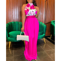 Floral Print Wide Leg Sleeveless Satin Jumpsuit - hot pink