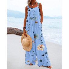 Floral Print Wide Leg Suspender Jumpsuit - blue