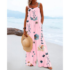 Floral Print Wide Leg Suspender Jumpsuit - pink