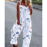 Floral Print Wide Leg Suspender Jumpsuit - white