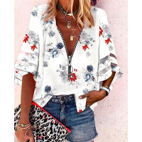 Floral Print Zip Front Bell Sleeve Top - white