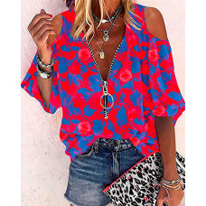 Floral Print Zip Front Cold Shoulder Top - blue