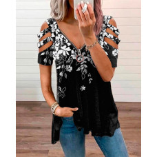 Floral Print Zip Front Cold Shoulder Top - style1