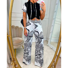 Floral Print Zipper Front Top & Wide Leg Pants Set - white