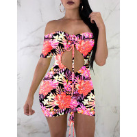 Floral Ruched Drawstring Cutout Bodycon Dress - Multicolor