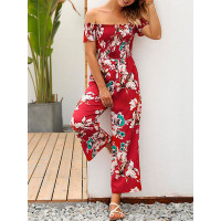 Floral Shirring Wide Leg Bardot Jumpsuits - white