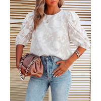 Floral Textured Puff Sleeve Top - white