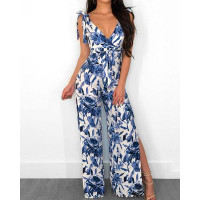 Floral Tied Shoulder Slit Wide Leg Jumpsuit - blue