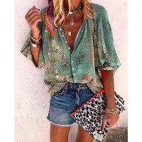 Floral Tribal Print Buttoned Lantern Sleeve Top - green