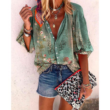 Floral Tribal Print Buttoned Lantern Sleeve Top - green