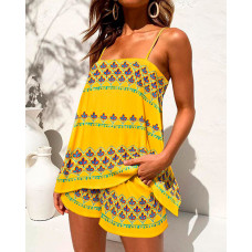 Floral Tribal Print Cami Top & Shorts Set - yellow