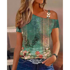 Floral Tribal Print Chain Decor Casual T-shirt - green