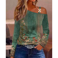 Floral Tribal Print Chain Decor Cold Shoulder Top - green