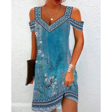 Floral Tribal Print Cold Shoulder Casual Dress - blue