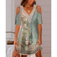 Floral Tribal Print Cold Shoulder Casual Dress - green