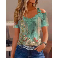 Floral Tribal Print Cold Shoulder Top - green