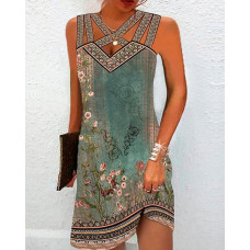 Floral Tribal Print Crisscross Sleeveless Casual Dress - green