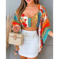 Floral Tribal Print Crop Cami Top With Cardigan - Multicolor