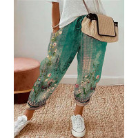 Floral Tribal Print Drawstring Cuffed Pants - green