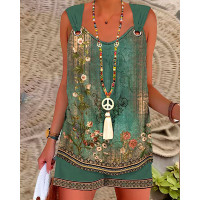 Floral Tribal Print Eyelet Sleeveless Top & Shorts Set - green