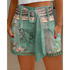 Floral Tribal Print Hollow Out Belted Shorts - green