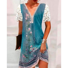 Floral Tribal Print Lace Patch Casual Dress - blue