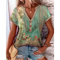 Floral Tribal Print Notch Neck Buttoned Casual T-shirt - Multicolor