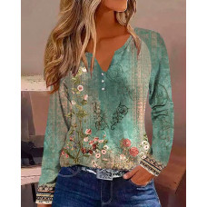 Floral Tribal Print Notch Neck Top - green