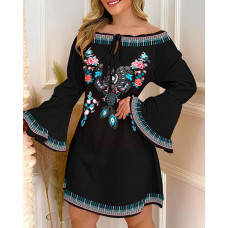 Floral Tribal Print Off Shoulder Bell Sleeve Dress - black