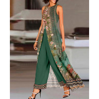 Floral Tribal Print Patchwork Asymmetrical Ruched Jumpsuit - green