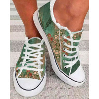 Floral Tribal Print Raw Hem Lace-up Sneakers - green