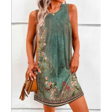 Floral Tribal Print Ruched Swing Casual Dress - green