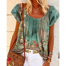 Floral Tribal Print Scoop Neck T-Shirt - green