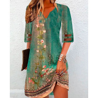 Floral Tribal Print Sheer Mesh Patch Casual Dress - green