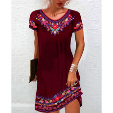 Floral Tribal Print Short Sleeve Casual Dress - Wine red