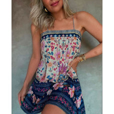 Floral Tribal Print Spaghetti Strap Tied Detail Dress - blue