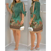 Floral Tribal Print Split Sleeve Pearls Decor Casual Dress - Multicolor