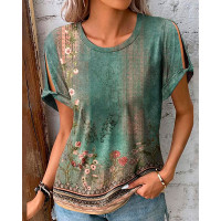 Floral Tribal Print Split Sleeve T-shirt - green