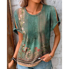 Floral Tribal Print Split Sleeve T-shirt - green