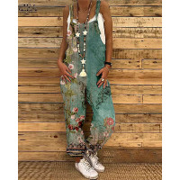 Floral Tribal Print Suspender Jumpsuit - green