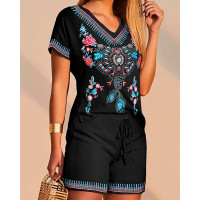 Floral Tribal Print T-shirt & Drawstring Shorts Set - black