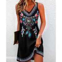 Floral Tribal Print V-Neck Casual Dress - black