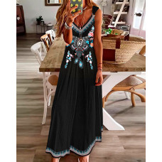 Floral Tribal Print V-Neck Ruched Maxi Dress - black