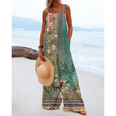 Floral Tribal Print Wide Leg Suspender Jumpsuit - green